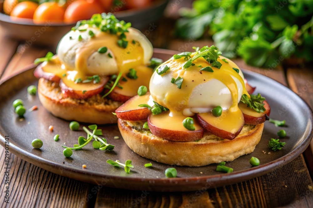 Gourmet avocado toast with poached eggs and greens. Gourmet avocado toast with poached eggs and greens.