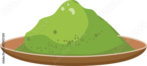 Vector graphic of a heaping pile of green matcha powder on a simple brown plate