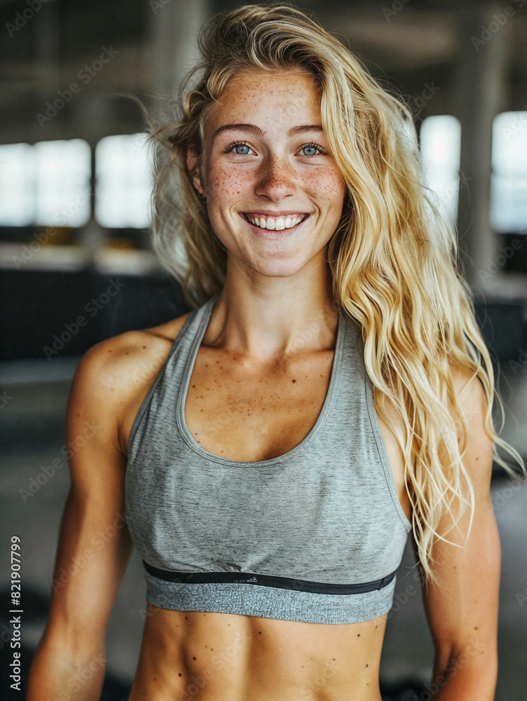 A young smiling woman in sportswear stands against the backdrop of a fitness club. Person after training in a Gym
A young smiling woman in sportswear stands against the backdrop of a fitness club. Person after training in a Gym