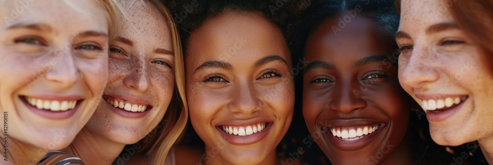 Portrait of young multiracial women standing together and smiling at camera