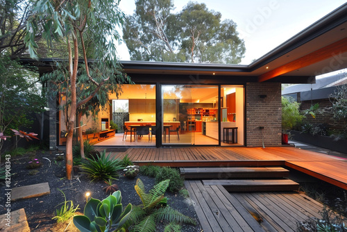 The renovation of a modern home extension in Melbourne includes the addition of a deck, patio, and courtyard area 