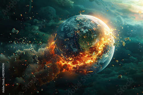 Image of planet earth exploding. Generated by artificial intelligence