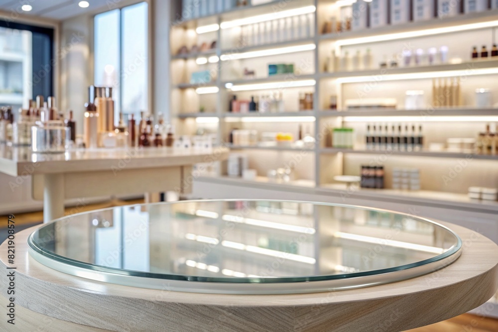 Minimalistic background for product demonstrations. A modern glass podium in a modern cosmetics store. Elegant design for the presentation of cosmetic products.