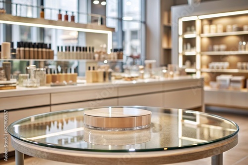 Minimalistic background for product demonstrations. A modern glass podium in a modern cosmetics store. Elegant design for the presentation of cosmetic products.