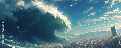 Huge tsunami wave destroying modern city. Great earthquake.  Effect of global warming and climate change. Weather and dangerous natural disaster concept. Illustration for background, banner, wallpaper photo