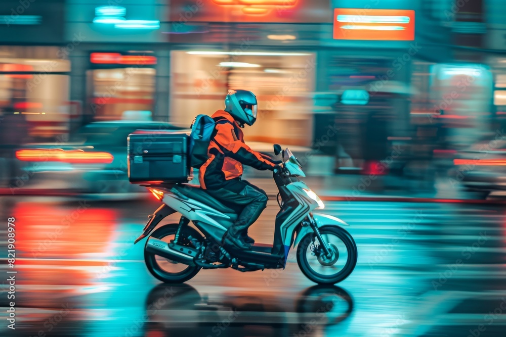 Fast-moving delivery rider on a motorcycle in an urban environment during the nighttime Fast-moving delivery rider on a motorcycle in an urban environment during the nighttime