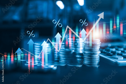 Stock market business finance, world economic growth trend, coin stack in background, investing mutual funds, financial risk management, debt ceiling, Quantitative Easing, effect inflation, interest