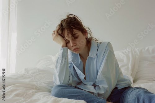 Mujer joven sentada en una cama con el brazo apoyado en su cabeza con el pelo revuelto y gesto de dolor y tristeza, con fondo de habitacion luminosa blanca. Concepto insomnio, depresion, dolor photo