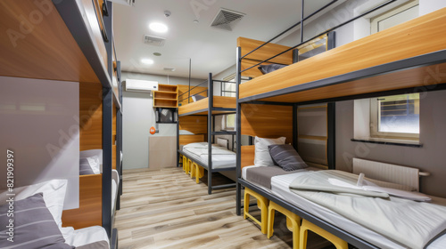 This is an interior photography, an international school high school boys dormitory, with mild tones, bright, lively, modern, and international style
