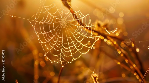 Sparkling cluster of dewdrops glistening on a spider's web, catching the morning sunlight in a delicate display of nature's artistry.