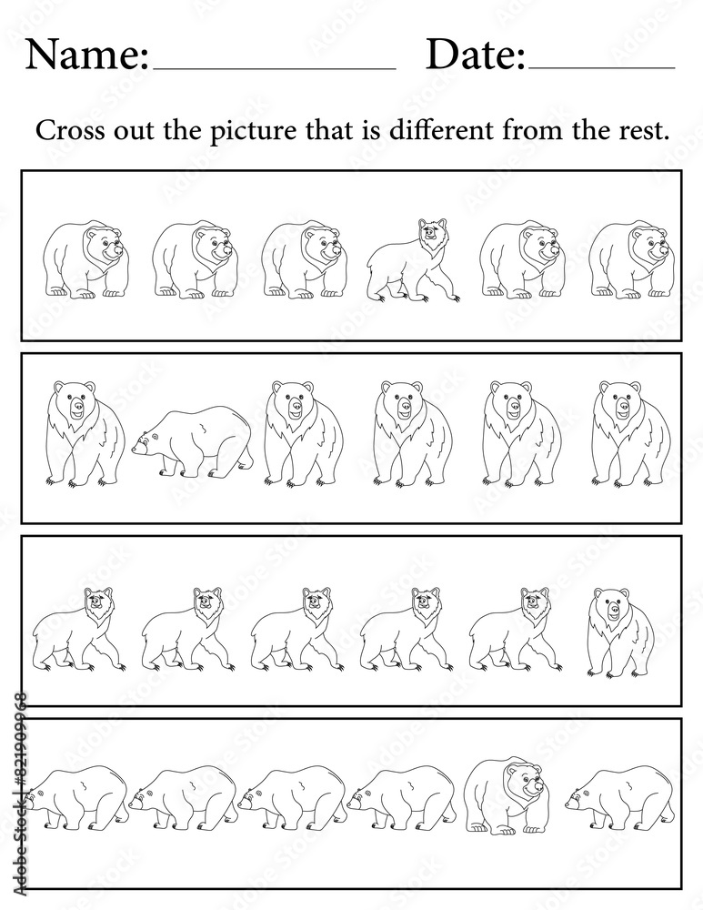 Bear Puzzle. Printable Activity Page for Kids. Educational Resources for School for Kids. Kids Activity Worksheet. Find the Different Object