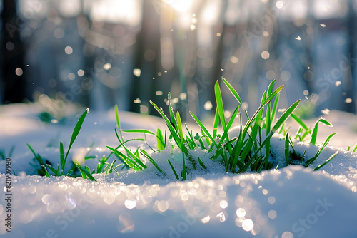the snow is melting, green grass is breaking out from under it, the concept of the arrival of spring  photo