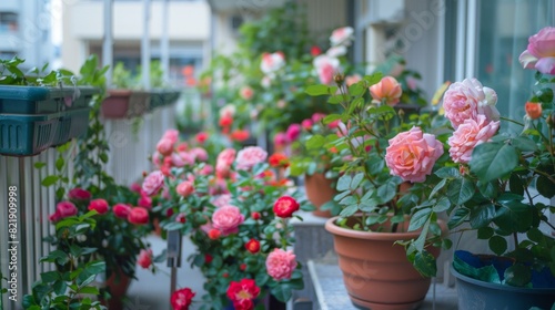 A peaceful balcony scene with potted rose plants  displaying urban greenery and peaceful coexistence with nature