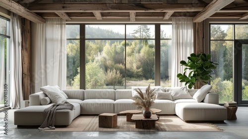Modern Living Room With White Corner Sofa and Large Panoramic Windows