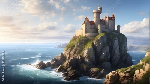 Historic Castle on a Cliff: Imagine a majestic historic castle perched on a cliff overlooking the sea. Detail the castle's imposing architecture, the dramatic cliffs, the crashing waves below, and the