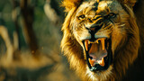 Dangerous roaring lion, wild African predator close-up
