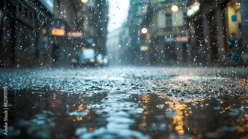 Heavy rain on a city street with reflections and blurred background © marcia47