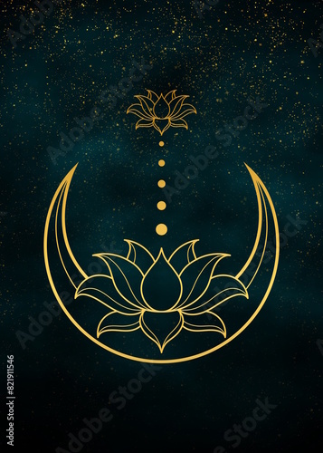 Gold alchemy Moon at night with glitters on dark green background.