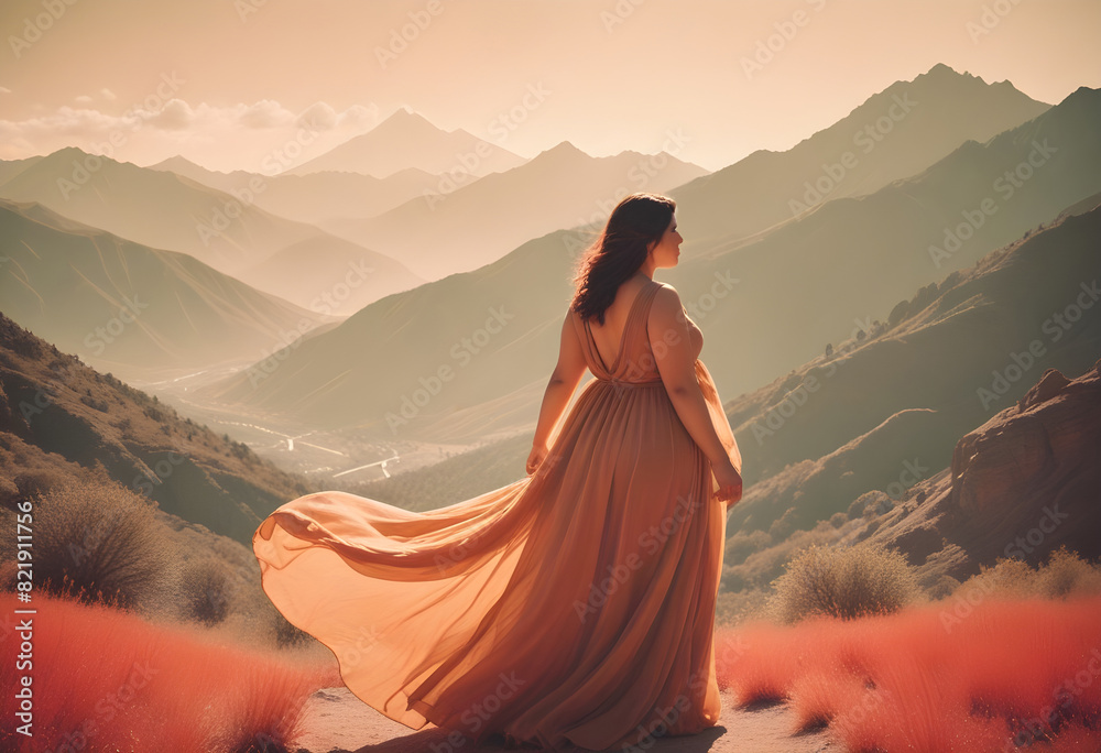 Zjawiskowa i zmysłowa modelka plus size w złotej sukni na tle górskiego pejzażu. Ciepła kolorystyka z nutą nostalgii Zjawiskowa i zmysłowa modelka plus size w złotej sukni na tle górskiego pejzażu. Ciepła kolorystyka z nutą nostalgii