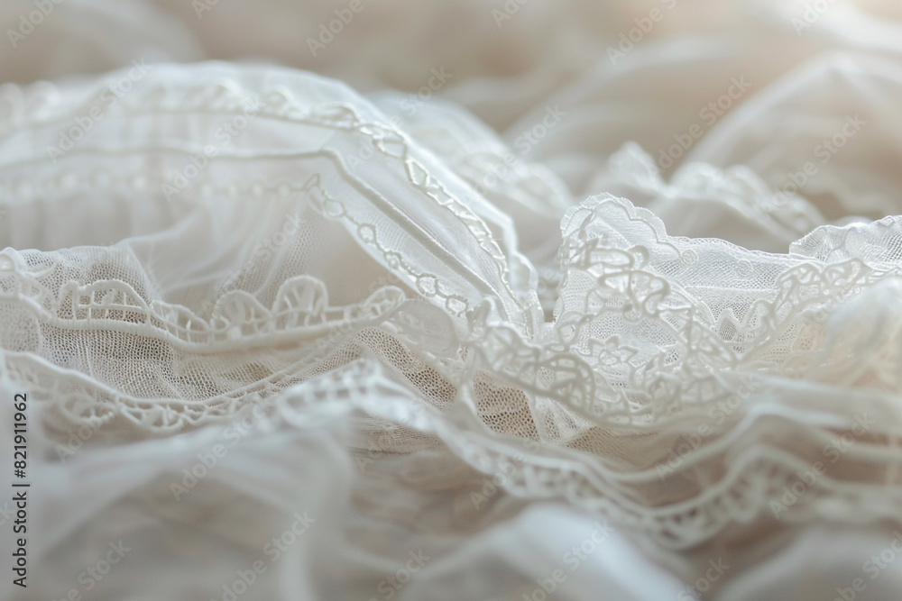 Thin, delicate lace ribbon, intricate patterns, soft focus on white vintage charm and grace Thin, delicate lace ribbon, intricate patterns, soft focus on white vintage charm and grace