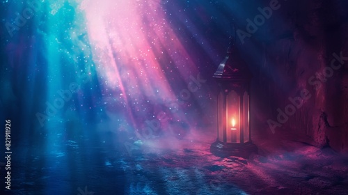 A glowing lantern sits in a mystical cave under a colorful starry sky, creating a magical and serene atmosphere.