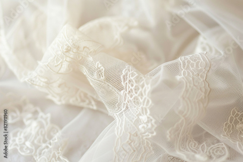 Thin, delicate lace ribbon, intricate patterns, soft focus on white vintage charm and grace  © Tohamina