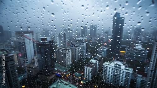 Raindrops on window with blurred city skyline in the background © marcia47