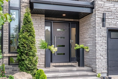 Sleek modern front entrance door in stylish grey with contemporary design elements photo