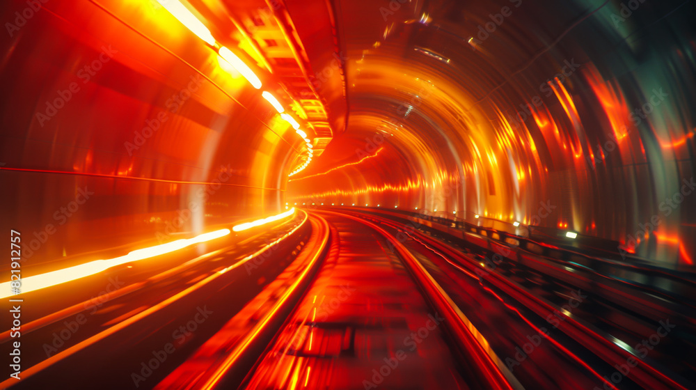 A bright orange and black tunnel with a lot of light and sparks. The tunnel is very long and seems to be a part of a futuristic city A bright orange and black tunnel with a lot of light and sparks. The tunnel is very long and seems to be a part of a futuristic city