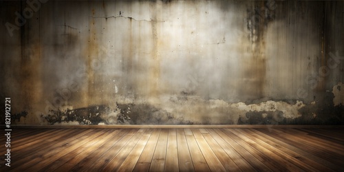 A grunge vintage room with wooden floor and textured concrete walls photo
