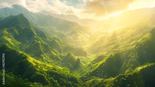 Spectacular mountain range bathed in golden sunlight, with lush green valleys below. © Khan