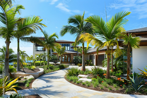 This stunning newly built Florida house boasts exquisite palm trees and a beautifully designed landscaped garden close to the beach  photo