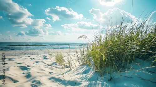Sunny beach scene with sand dunes, grass, and blue sky with fluffy clouds © marcia47