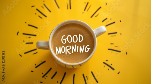 White cup of hot coffee on a bright yellow background with 'Good Morning' written on the froth, radiating positivity