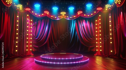 A 3D podium under carnival lights on a circus stage, red show curtain in the background. 