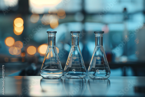 three erlenmeyer flask , Glassware on science laboratory research 