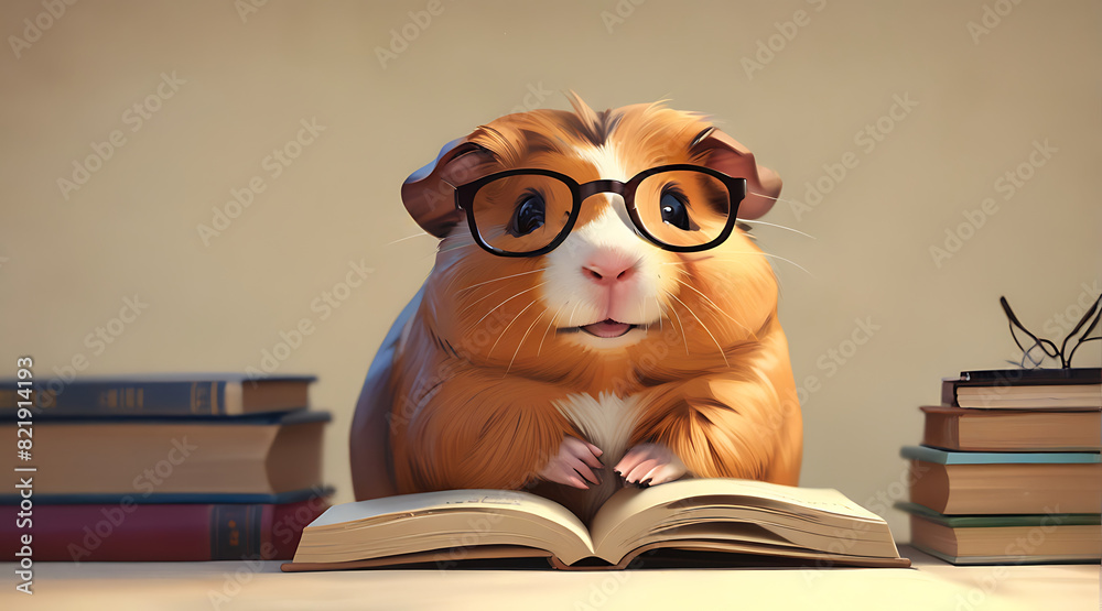 A guinea pig reading book wearing glasses, cute education domestic student adorable concept, A guinea pig reading book wearing glasses, cute education domestic student adorable concept,