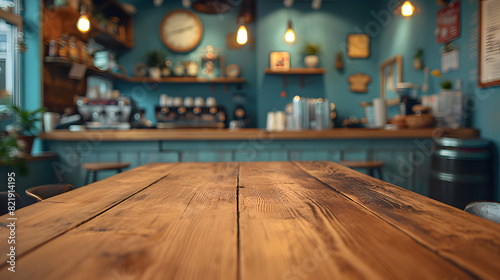 Rustic charm. Empty wooden table in vintage cafe. Blurred tabletop in retro diner. Modern elegance. Counter with bokeh lights