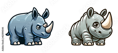 Playful vector illustration of two cartoon rhinos, one serious and one cute.