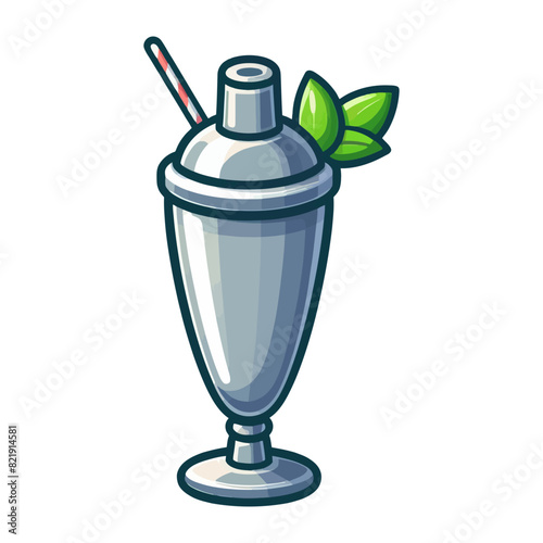 Cool vector illustration of a cocktail shaker with a straw and mint leaves.
