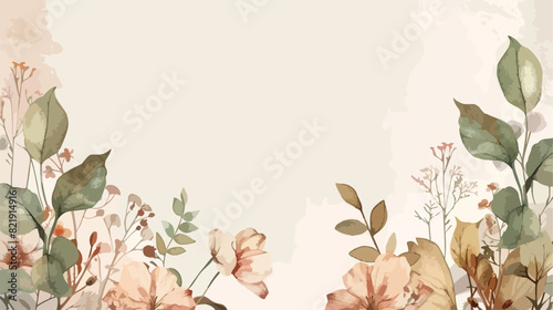 Green brown floral border with watercolor for background