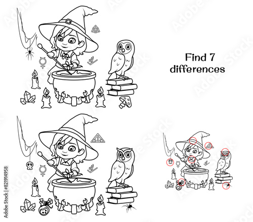 The little witch is brewing a potion. Find 7 differences. Tasks for children. Vector illustration
