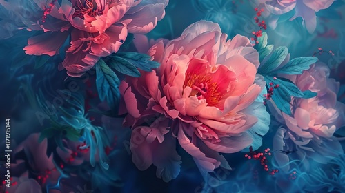 Illustration of peonies bloom with fantasy colors. Generative AI