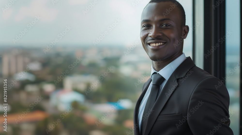 Confident African Businessman in Suit Smiling at Office Window with City Skyline in Background, Corporate Stock Photo Confident African Businessman in Suit Smiling at Office Window with City Skyline in Background, Corporate Stock Photo
