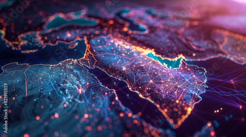 This abstract map of Saudi Arabia and the MENA region encapsulates the essence of global network and connectivity. It signifies the roles of data transfer, cyber technology photo