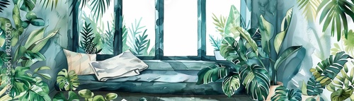 Creative workspace with a hidden nap nook, lush green plants, sketchstyle with watercolor highlights photo