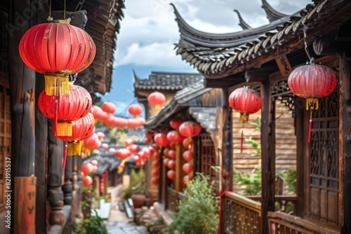 China Town Architecture: Traditional Wooden Buildings and Ancient Lanterns of Lijiang photo