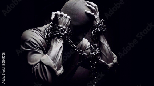 Prisoner chained in a chain clinging to his head against a black background	