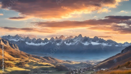 Riano cityscape at sunset with mountain range landscape during Autumn in Picos de Europa National Park, Leon, Spain