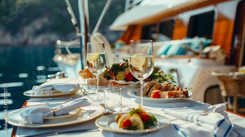 lunch on motor yacht, Table setting at a luxury yacht. © usman